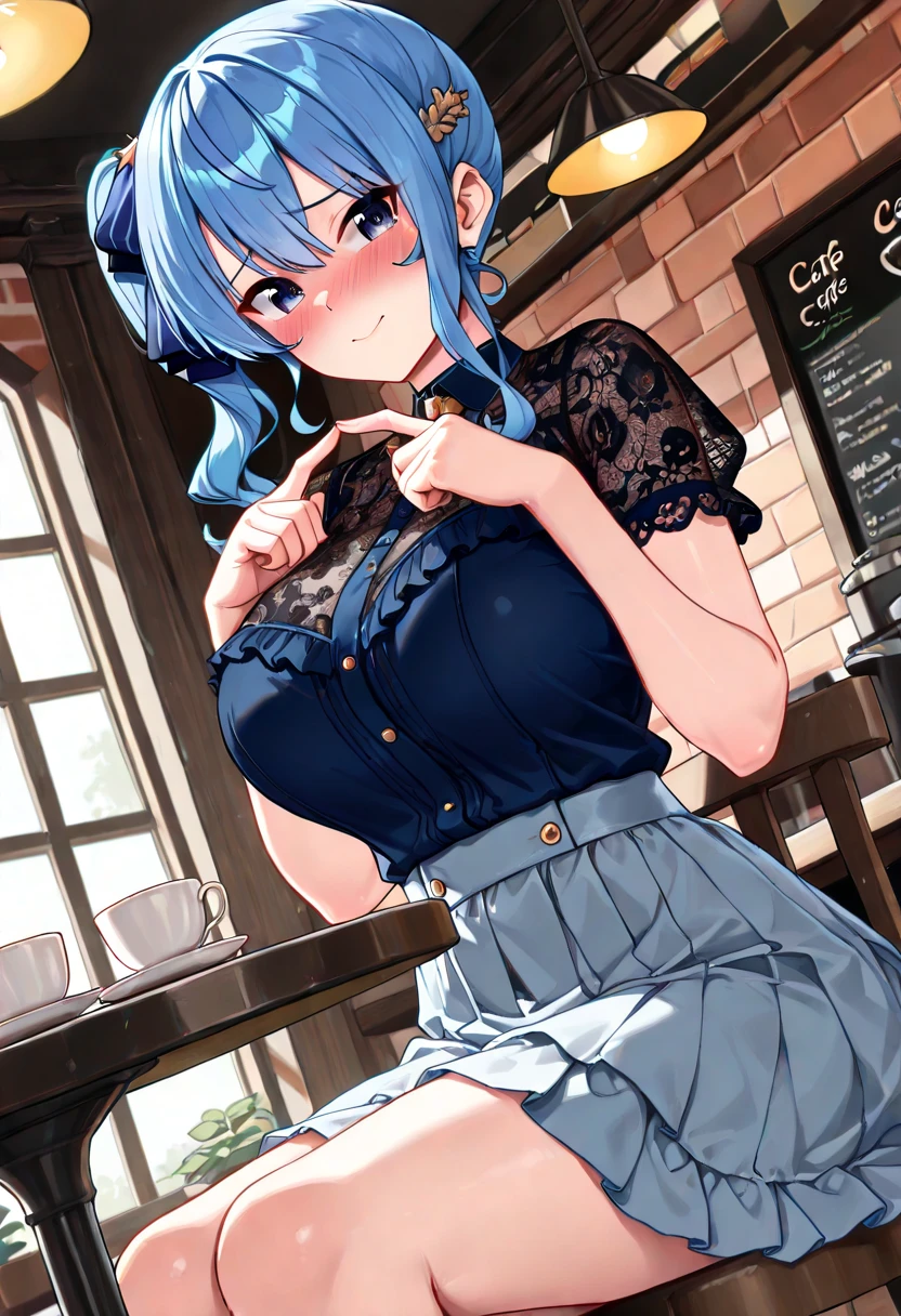 (((Masterpiece)))), (Best Quality))), Hi-Res, Low Angle, (Upper Body), Facing the Viewer, Older Sister Sitting, Summer Heat (Cute 1 Girl))), Solo, , , White Skin, Small, Eight-headed Person, (Light blue Hair), ((Very Short Hair)), Crisp Bangs, Beautiful Hair, Blue Eyes, Beautiful Detail Eyes, ((Sticking Out Tongue)), Blush, Heart, (Clothes with Shoulders), hungry clothes, skirts, summer clothes, earrings, café, shadow lighting,