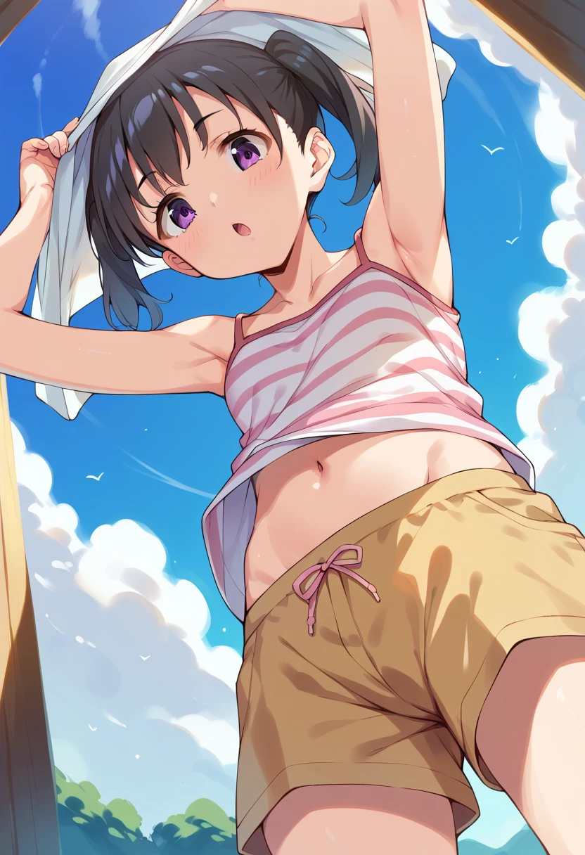 (8-year-old、juvenile:1.5), (baggy:1.4), (White tank top:1.3), (Lower body naked:1.3),(Penis 1,3) (erection&ejaculation:1.2), (Looking up:1.4),  (((Highest quality))), (((masterpiece))), (((Super detailed))), (skinny:1.3), ((Smooth Hair)), (The wind is blowing), ((Black Hair)), Wine red eyes, ((smile)), (feeling of pleasure), ((Earrings)), Night Sky, Grass,, Underarm, Sweaty skin, ((Wet clothes)), center, (Shooting from below)