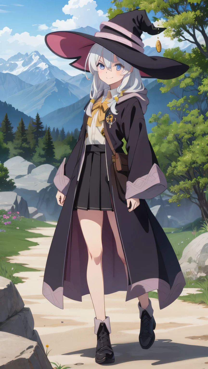 {{{masterpiece}}}, (best quality:1.5), (ultra-detailed:1.5), {illustration}, {{an extremely delicate and beautiful}}, (beautiful detailed eyes:1.6), absurdres, highres, extremely detailed face, 16k, hd, visual anime de uma jovem mulher, extremamente bonito rosto de anime, anime melhor garota, (perfect hands, perfect anatomy), anime face, elaina (majo no tabitabi), Eft_elaina, witch, 1girl, solo, cute face, long hair, white hair, ahoge, hair between eyes, sidelocks, pink bow, single braid, ribbon on braid, yellow hair clip, blue eyes, medium breasts, big hips, curvaceous, BREAK, witch hat, black headwear, white shirt, long shirt, (shirt tuck out:1.3), collared shirt, (wizard robe:1.3), (long robe:1.2), black robe, hooded robe, open robe, long sleeves, wide sleeves, yellow ribbon tie, brooch, black skirt, pleated skirt, (microskirt:1.5), (white petticoat:1.2), bare legs, boots, black footwear, witch shoes, BREAK, cute face, smiling, standing, outdoor, daytime, solar, rock, mountain, forest, desert, sky, lake, look the sky, look up, (bust shot:1.3), from side, from below