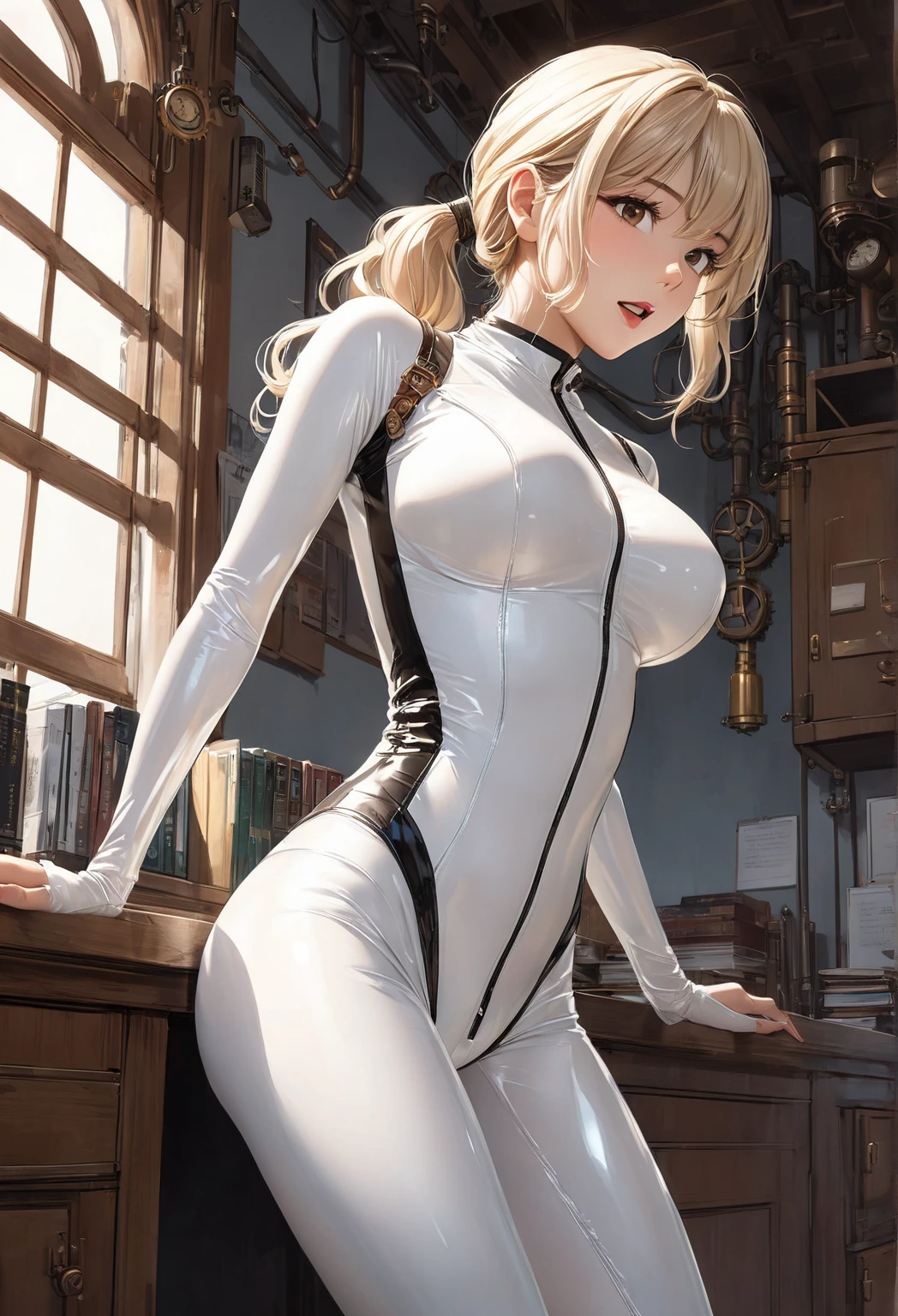 masterpiece, high quality, beautiful girl, waist shot, white bodysuit