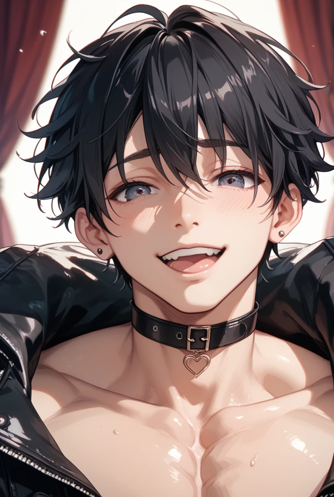 1boy, silver underwear, dark blue hair, tongue out, cum on tongue, cum on face, revealing underwear, bedroom, red lights, sweat, flushed, pale skin, naked, sexy, трахают в анал, 2 boy, after sex