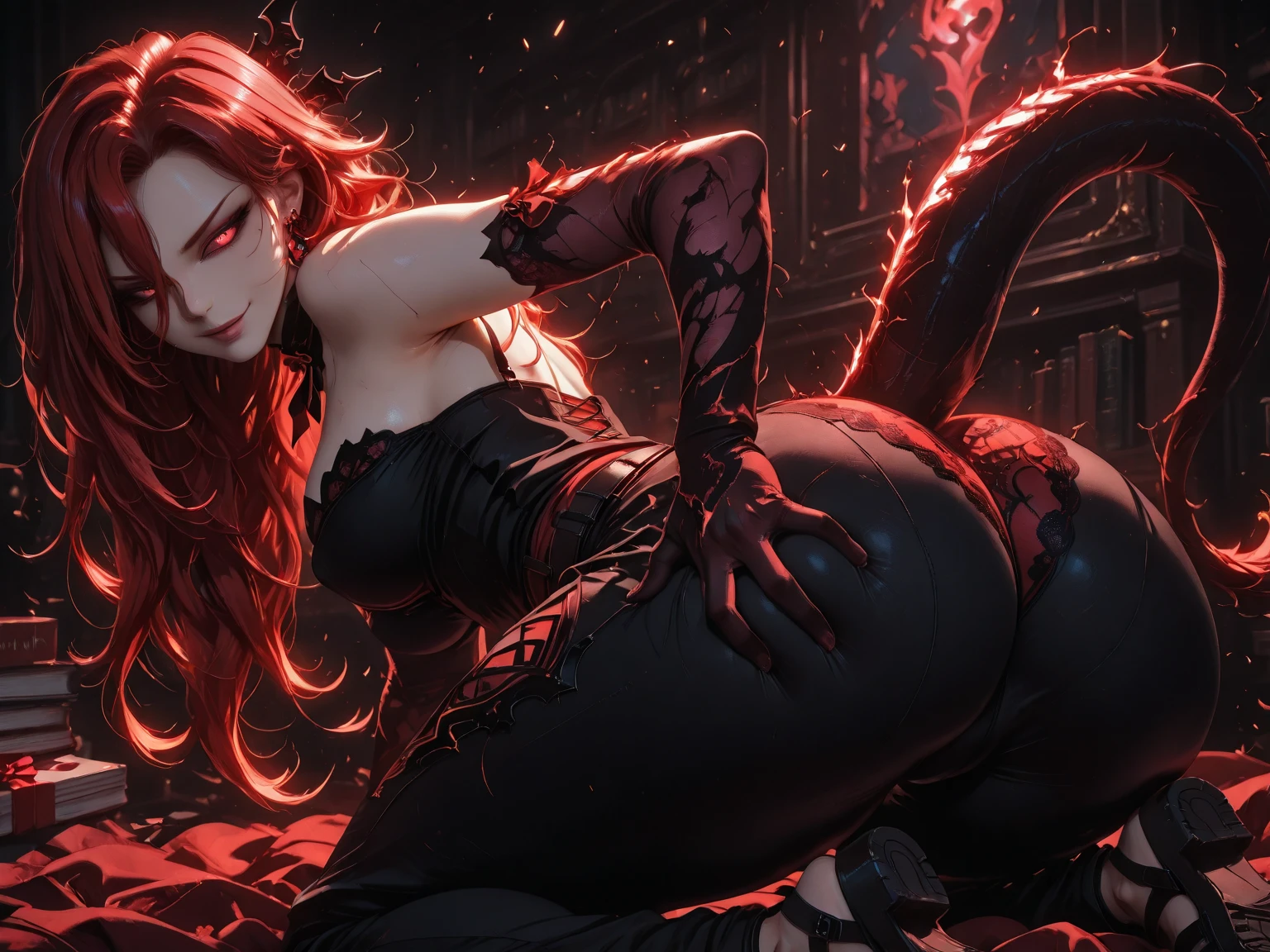 Red-haired beauty spasms wrapped around tentacles in midair