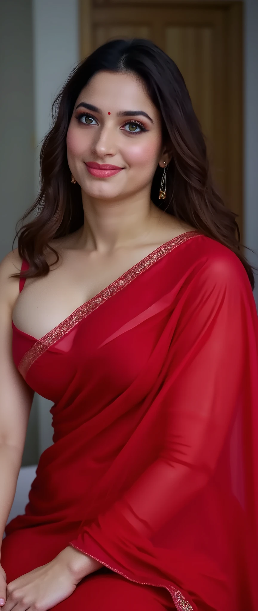 Full body bust shot photo of indian in sitting on bed , hourglass figure, sexy navel, swooping , lying in a bedroom in daytime , wearing a candy apple red colour #FF0800 silky red saree , untied black dense wavy curly hair, , look at viewer and smile, (cinematic:1.3), intricate details, (ArtStation:1.2) black eye lashes .