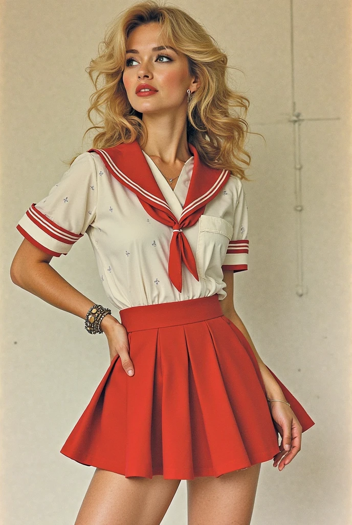 monochrome photograph, Ultra-realistic capture, Highly detailed, High resolution 16k close-up of human skin. Skin texture must be natural, With such detail that pores can be finely identified. Skin should look healthy, In a uniform tone. Use natural light and color, beautiful girl, Full Body Shot, finger waves, ash blonde hair, Check circular skirt, Check Blouse, beret, Retro makeup, red stiletto (heels), Sunset, stand against the wall, European, soft lighting, (realistic,photorealistic,photo-realistic:1.37), HDR, UHD