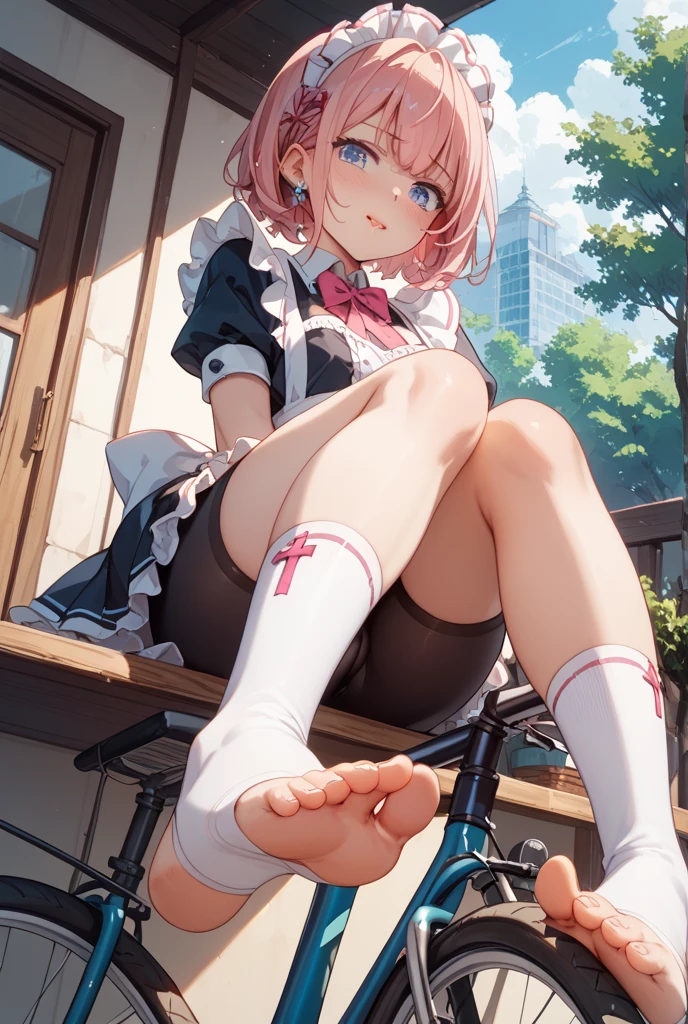 One girl, Alisa Mikhailovna Kujo,Tomorrow, my friend, Arya-san, will be visiting Russia.,alone, Long Hair, Eyebrows visible through hair, Hair between the eyes, Silver Hair, Hair Ribbon, blue eyes, Medium chest, ,White legwear,zettai ryouiki, Long sleeve, Beige jacket,From below, The legs are off the frame, View your viewers, Apply blush all over the face, In the classroom、With his back to the window, sitting cross-legged on a chair、Barefoot left foot、Mouth closed,White lace panties、Highest quality, so beautiful, Absurd
