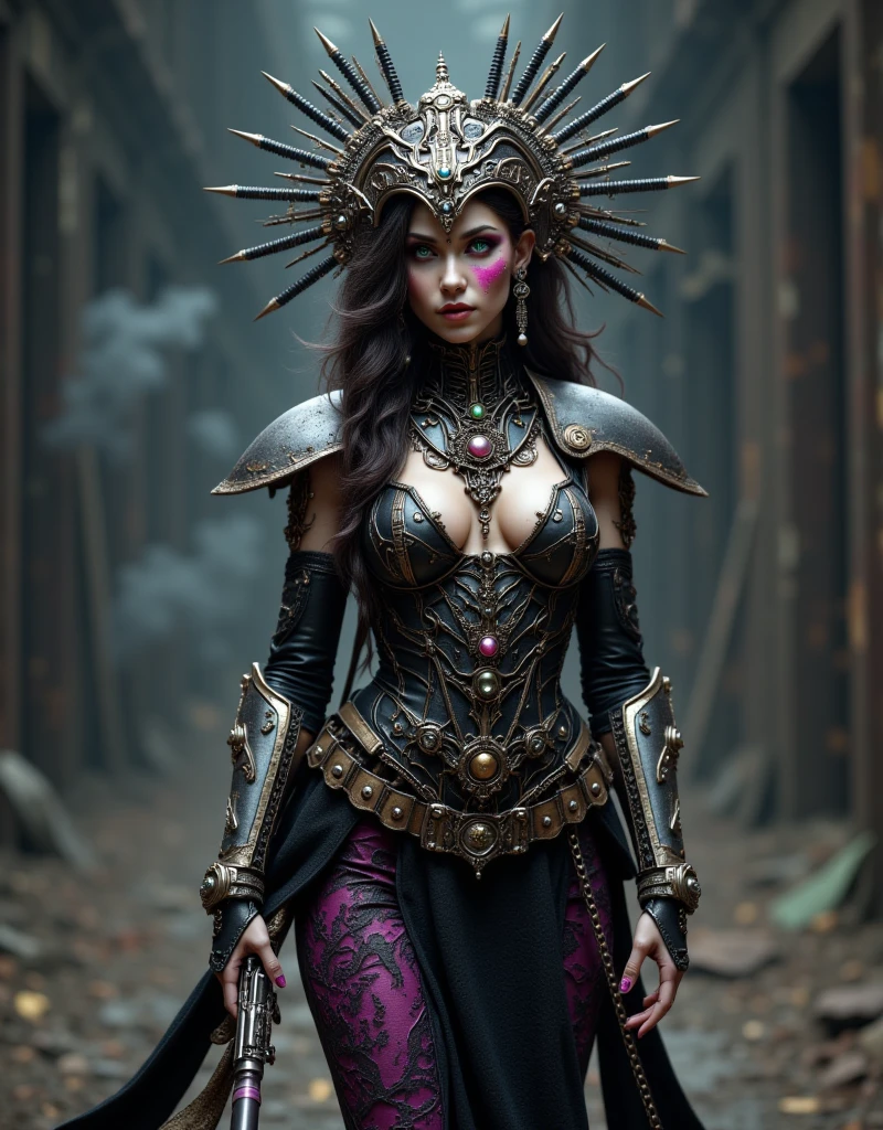 (masterpiece:1.2), (best quality,:1.2), 8k, HDR, ultra detailed, ((photorealistic)), professional light, cinematic lighting, fashion photography, ambient lighting, atmospheric effects, <lora:detail_slider_v4:2.5>, OverallDetail, fHandDetail, Cony, <lora:Cony-10:1>, as a female darkelf priestess, dark puple skin, violet eyes, cowboy shot, dark makeup, earrings, wearing intricate robes, dress, DarElAr, headpiece, harness, chains, belt, cape, <lora:DarkElfArmor-10:0.65>, praying to her evil spider goddess at the altar of a small sinister temple, <lora:TemplesAndChurches-10:0.75>, DarkElves, <lora:DarkElves-10:0.5>, ((perfect hands)), epiCPhoto
