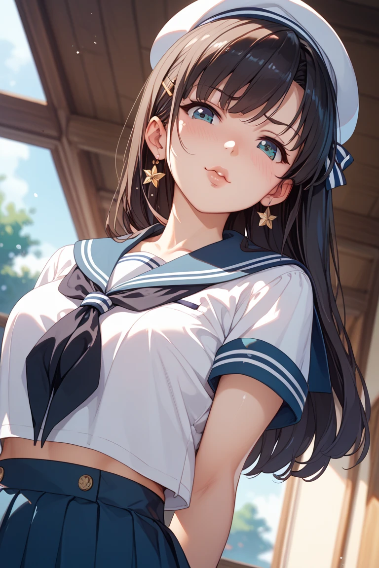 a 20 yo woman、Japan school uniform、(Sailor suit in cute shades)、(White sailor color)、Smiling with a sexual expression、Cute hairstyle、Colossal tits、Close-up view of shoulders seen from the side、(Close-up view of collar from the side)、high-level image quality、beautiful Girl、sea side、a sailor suit、((white sailor collar))、Sleeveless、Plaid pleated skirt、Stockings、(huge-breasted)、Fluttering the chest、emphasizing breasts、Sleeveless、Smiling、pantie shot、Panchira、Cute patterned panties、Pants with cute patterns、Show the armpits