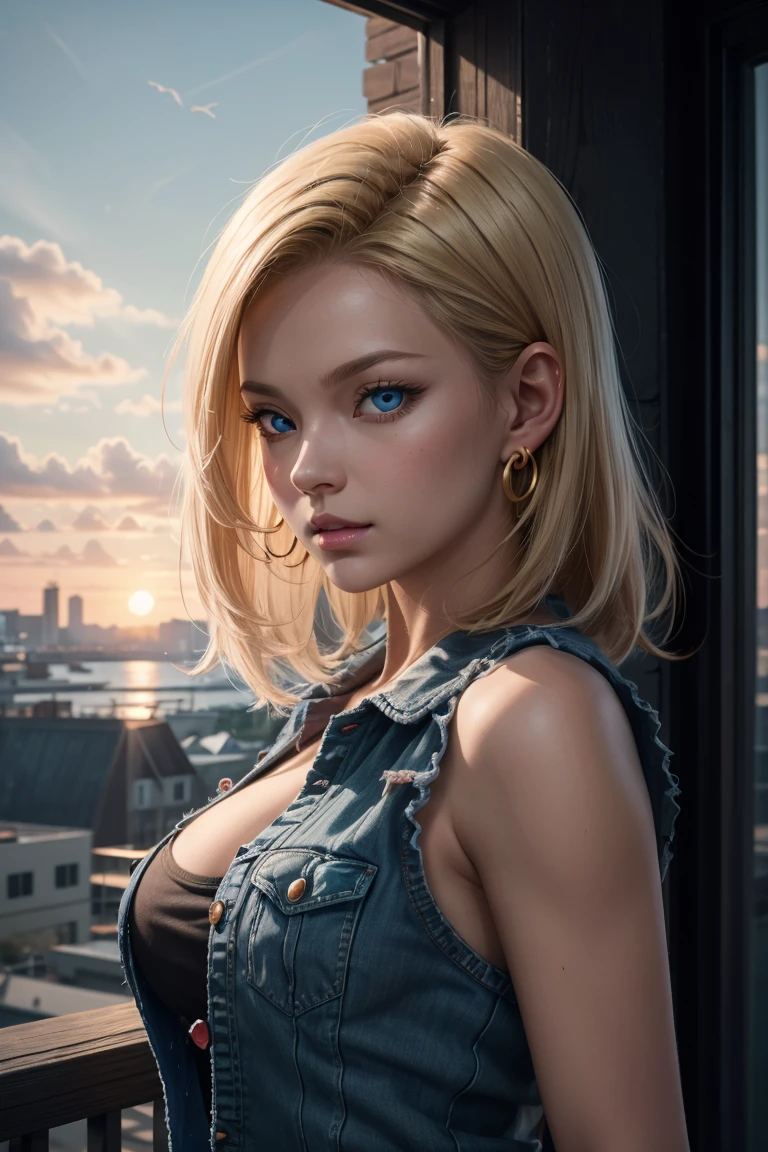 ((top quality, 8k, masterpiece: 1.3, ultra hd, high quality, best quality, high definition, realism)), sharp focus: 1.2, android 18 of Dragonball lying on the ground in an apocalyptic landscape, Eva Elfie's face, luminism, rip open thin white long sleeves with black stripe prints, jeans vest and tattered unbuttoned jeans, Beautiful woman with perfect body with 9 heads body, Photorealistic perfect body, Slim figure, Slender abs, Sexy bumps with big breasts, Chest with bumps: 1.5, Emphasis on cleavage, afraid facial projection, golden yellow hair, Highly detailed face and skin texture, Detailed eyes, High detail, Anatomically correct, Portrait photography: 1.5, Blurred background, orange and teal, soft focus details, Natural blur,
