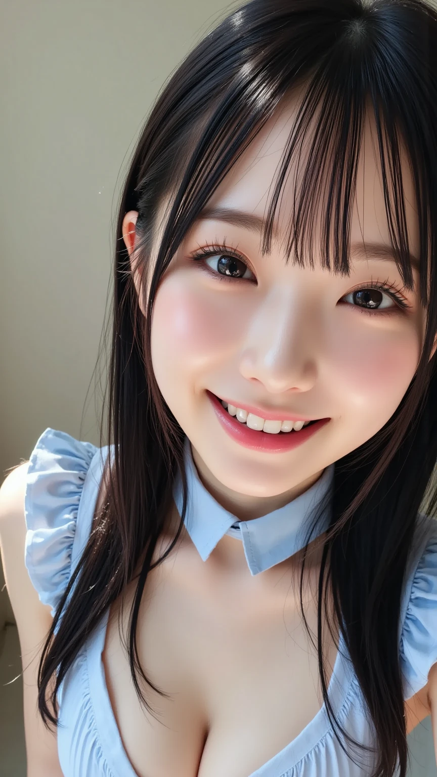 ,Short sleeved white shirt,Grey checked tie,Grey checked mini skirt,Navy blue socks,open mouth,tongue out,cum on tongue,Sitting on a black sofa,looking ahead,from above,flont view,face focus,open mouth,tongue out,(1girl,Beautiful 16 year old girl),((Slender,Small breasts,Small face,)),looking at viewer,Black Hair,bangs,straight,Drooping eyes,Beautiful and detailed,Mischievous smile,Dimly lit room,Simple Background,Gray background,Low lighting