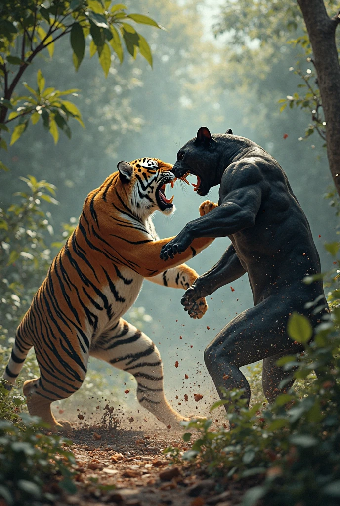 You can make a man with a jaguar mask fighting another man with a black jaguar mask and combat armor.