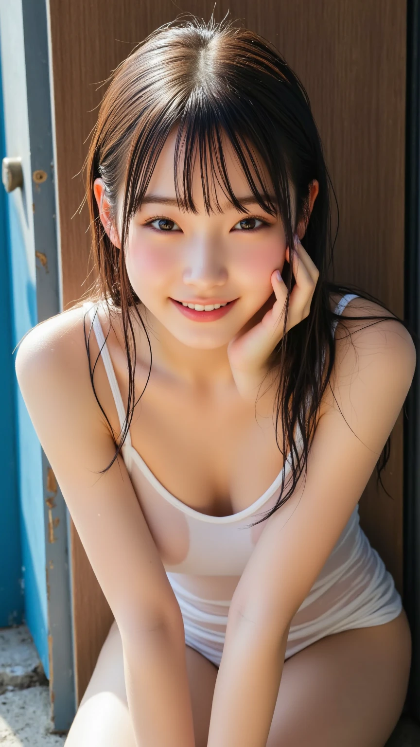 8k, RAW photo, best quality, masterpiece, realistic, photo-realistic, clear, professional lighting, beautiful face, best quality,1young girl,cover chest with hands,a little smile,japanese girl,detailed face,hairbun with bangs,standing in bathtub,