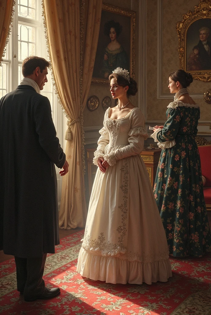 top quality picture 、United Kingdom、Buckingham Palace 、 Salon 、Beige color luxury fragrance dress 、Princess 、 dinner party 、15century 、(((Large crowd of guests))) 、(((middle aged man))) 、 (((low angles))) 、
、Collar with rope 、(((distressed look))) 、full body Esbian、low angles 、chains 、Pale green walls 、 Black hair 、chandeliers 、 shining beautiful skin , Sweat , collar and chain accessories, beautiful black pupil and hair, Detailed expression , beautidful eyes,