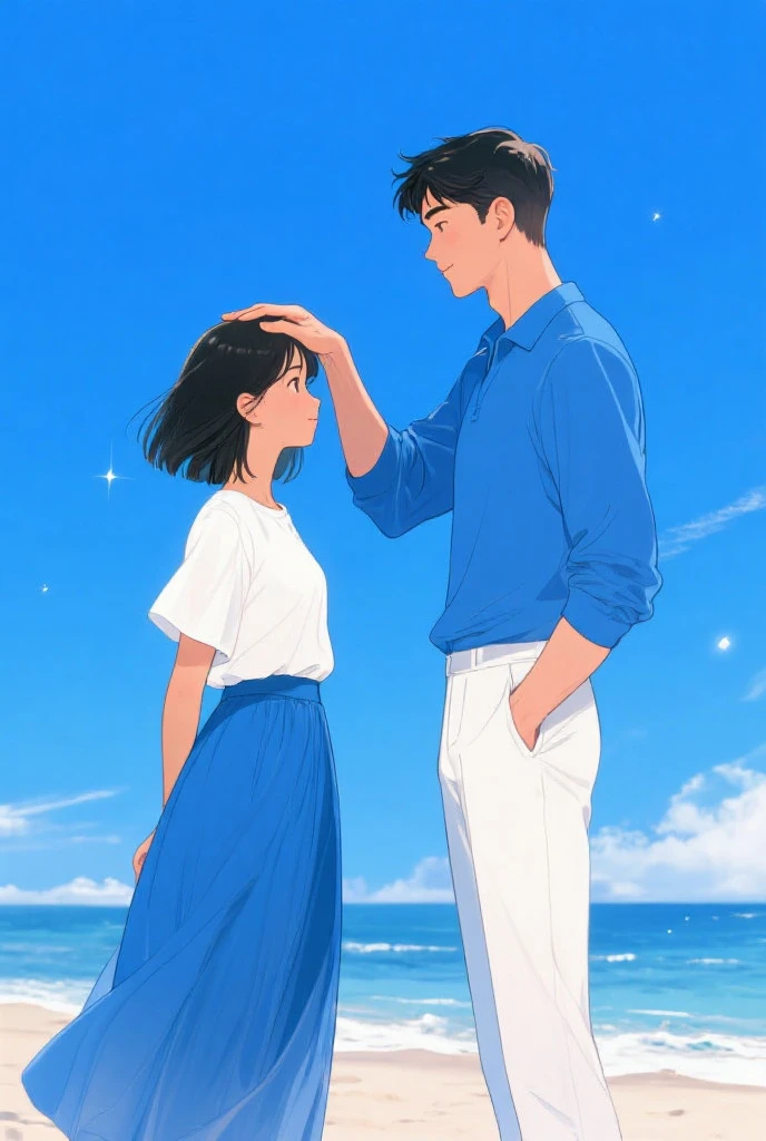 anime couple holding hands and looking at each other, in style of makoto shinkai, moebius and makoto shinkai, fiona staples and makoto shinkai, guweiz and makoto shinkai, style of makoto shinkai, by Kobayashi Kiyochika, sakimichan and makoto shinkai