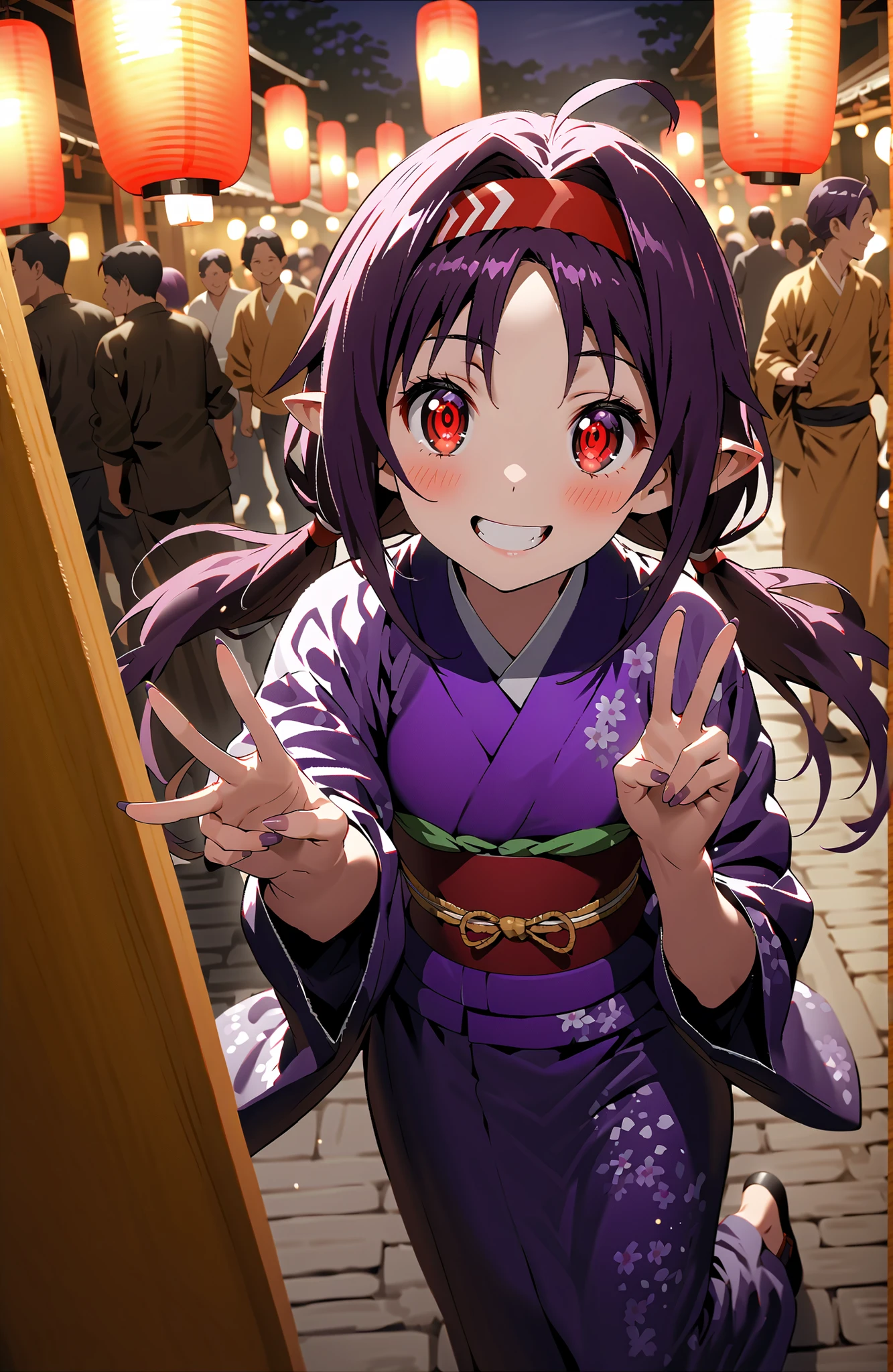 yuuki konno,solo,stupid hair, long hair, Pointy ears, purple hair, Red Eyes,low twin tails,Purple flower pattern kimono ,smile,blush,grinning,peace sign,Light up fireworks,Red Lanterns,Japanese stalls ,standing,crowd,in their 40s looking at viewer,full body,
in their 40s outdoors, Japanese Festival,
in their 40s (masterpiece:1.2), best quality, high res, Unity 8Kの壁紙, ( 's art :0.8), (beautiful detailed eyes:1.6), very detailed face, perfect lighting, very detailed CG, (perfect hand in h, Perfect Anatomy),