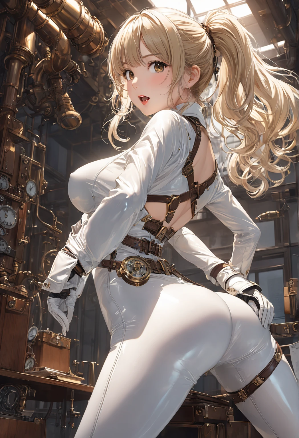 (Masterpiece, masterpiece, extremely detailed and precise).
A woman wearing a tight full-body latex suit. A white latex suit that tightens your body. BDSM. Plump body. Her huge breasts and huge ass are emphasized.
Protruding nipples. Crotch crack. Iron shackles on wrists and ankles. Long silver hair, bright red lips, and an obscene smile.
(Metal chastity belt:2.0).
A lot of machinery lined up in the background. nsfw