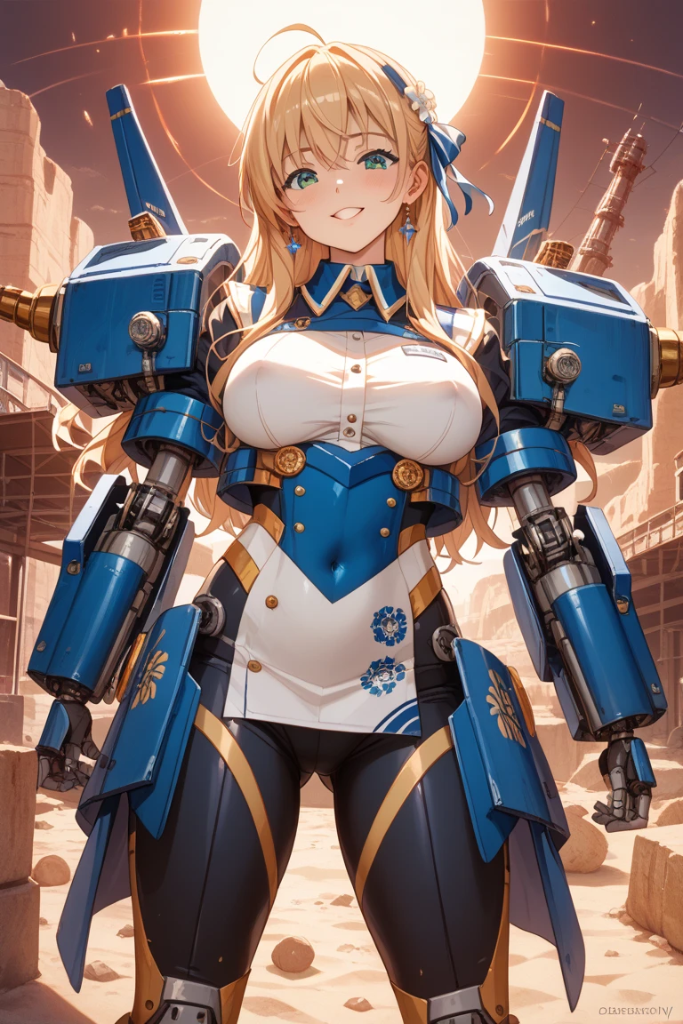 blue sci-fi armor,golden shorthair cat,Long ponytail hairstyle,Large Breasts,Cleavage,Pistol hanging from waist,fighter pilot,fighter hangar,Sexy,Lipstick,Miss,Golden Eyes,final,Armor has numbers