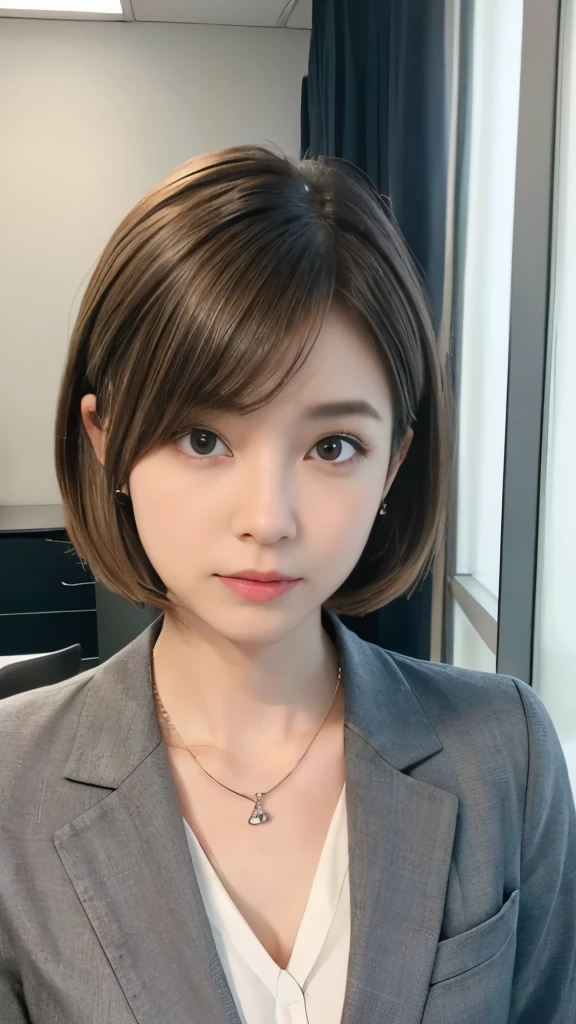 High resolution, Very detailed, Intricate details, 、ear piercing、Expressionless、short hair、Black Hair、Please open your mouth a little、Clear beauty,(High quality fabric, Office Lady Suits 、Necklace around the neck、, The background is the office


