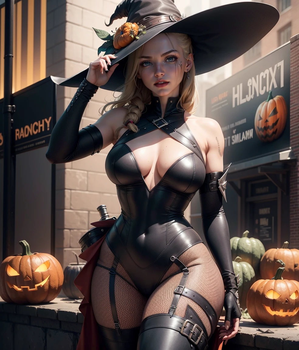 gwen tennyson,tracer,yorha 2b,rebecca chambers,atelier ryza,nier automata,1girl, close up,mecha pilot,halloween forest, orange and red plugsuit,hair pin,pirate corset,silver long sleeve lycra top,steel leggings,short hair,cute makeup, green eyes,golden gradient orange hair,shy smile,freckles,redhead,beautiful girl,large breasts,ultra detailed,realistic,fantasy art,long bodycon dress,steel armor, halloween pumpkin,moonlight,witch cloak,neck and head jewelry,witch hat, witch staff,black cat,