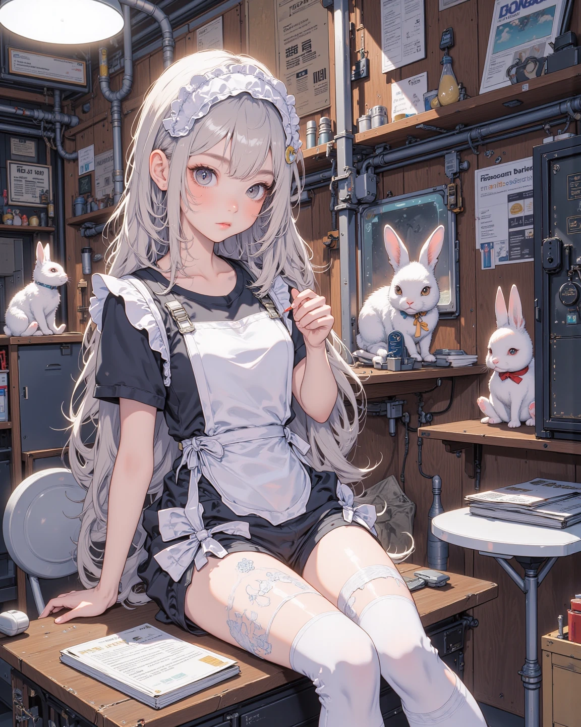 girl, wearing white one eyepatch, short white hair in two pigtails, with bunny ear accessories, Wearing a short white dress with a Beanie, red eyes, Holding a stuffed bunny, full body, zoom out