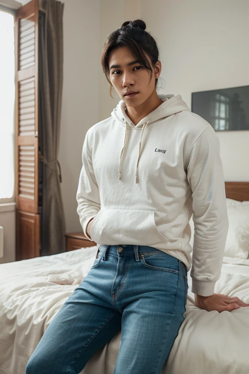 Polish emo boy 27 years old , gray blue eyes, very handsome , lying on his bed looking at his Instagram followers in comfortable pajamas , pretty eyes closet up