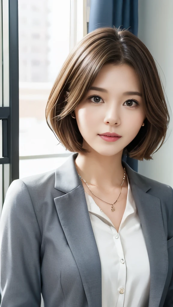 Neat and young woman、looking at camera、office lady suit、gray jacket、shirt、necklace、hairstyle shortcuts、耳にピアス、ネックレス、 pale brown hair、upper body、The background is room cleaning