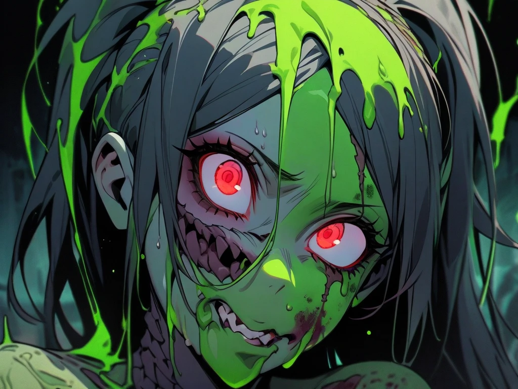 Anime zombie undead girl, cut face, scars on a face, black sclera, shark teeth, glowing eyes, smug face, pale greenish decayed skin, black t-shirt, electric necklace, cute