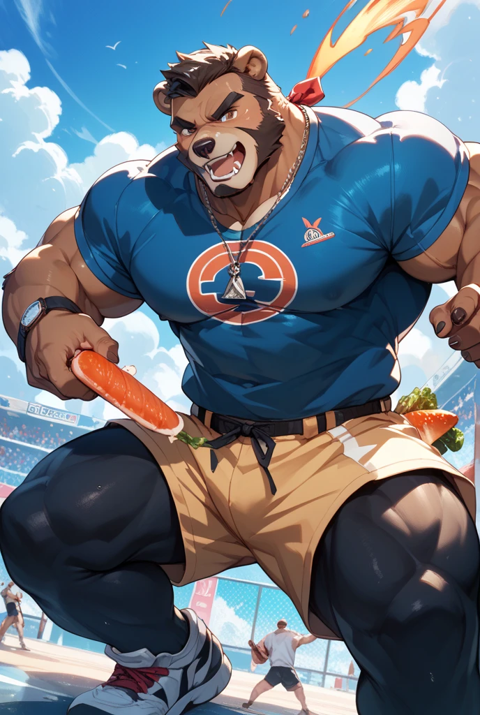 Super muscular adult boar beastman,(wear a sports uniform:1.8),Blindfold,Open your mouth and stick out your tongue,Some guys cum in my face,(Surrounded by red and black erect penises),(a large amount of semen on the face and body,:1.5),night,Outdoor,(Nipple ring piercing:1.5),Brown fur,Black hair and beard,(Deep Throat)