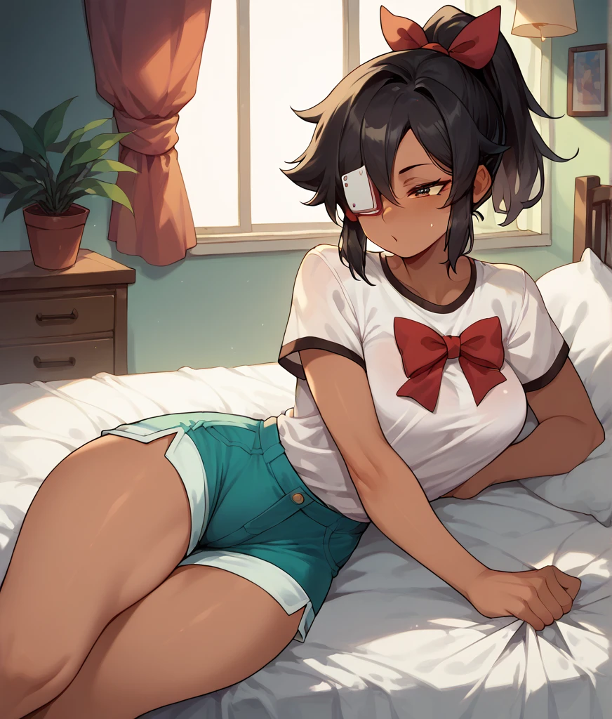 (((masterpiece))),highres,absurdres,(((best quality))),official art,perfect lighting,looking at viewer,aquarium,indoors,
1boy, femboy, light smile, thin waist, sheep ears, sheep horns, sheep boy, cut curvy hair, black hair, red eyes, angelic eyes, round eyes, pastel color, (PastelColors: 1.3), cute shirt, black panties , red little ribbon, small volume in underwear, random pose, face focus, ((sharpness)), sitting on the bed, (perfect hands), wide hips, voluminous ass