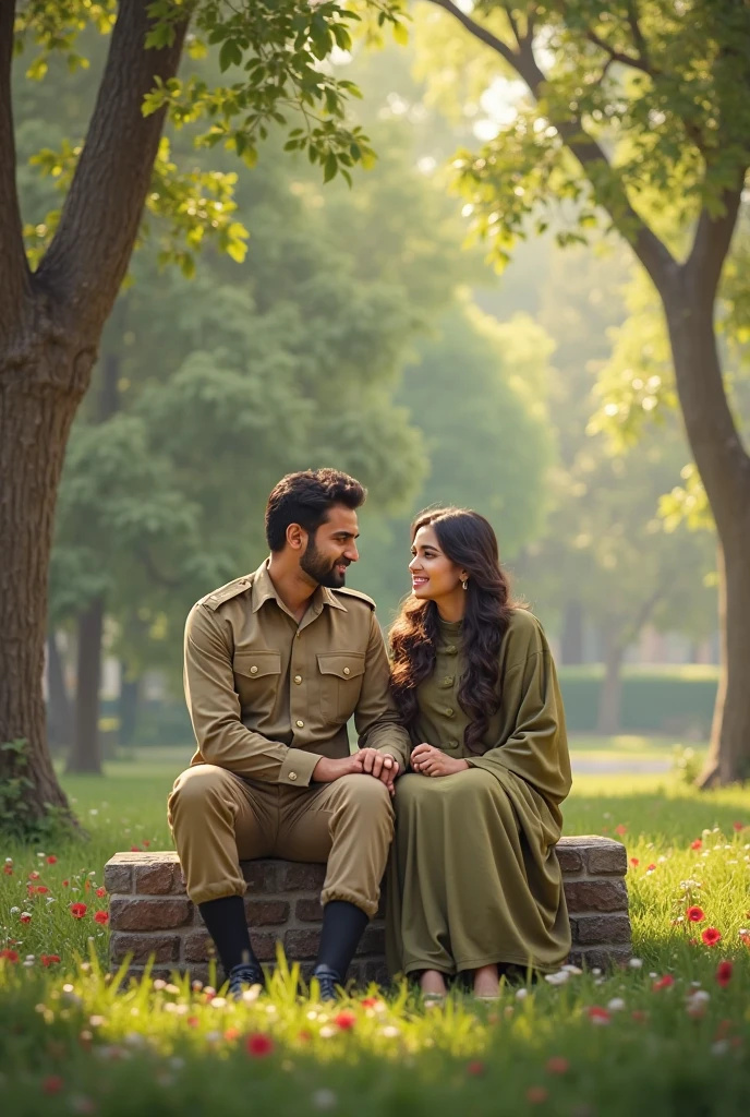 A girl wearing Pakistani traditional dress, covering her head with a white scarf sitting beside a military man in a jeep, looking at each others eyes intensely ,not standing,no physical touch ,more distance between them, clean shaved military man