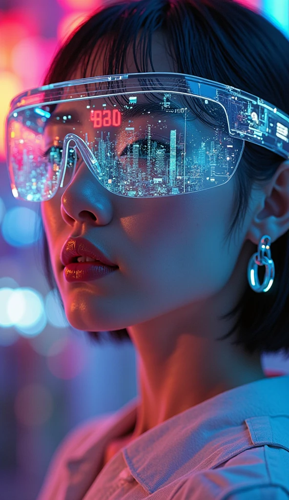 Hyperrealistic cyberpunk portrait of a Korean woman wearing electronic surround-view glasses projecting digital data and city patterns onto the lenses. Dramatic lighting with neon purple, blue, and orange hues reflecting off the skin. Detailed close-up with focus on the futuristic glasses functioning as an augmented reality interface, displaying a digital urban skyline. High-tech accessories including luminescent earrings. Photorealistic skin texture with visible pores and microscopic details. Asymmetrical composition with bokeh of defocused urban lights in the background. Style inspired by the hyperrealistic photography of Nick Knight, with the technical precision of Annie Leibovitz and the neon aesthetic of Marilyn Minter. 8K photographic rendering with controlled depth of field, professional studio lighting with three points and reflectors to highlight the technological elements. Saturated and contrasting colors typical of the futuristic nocturnal aesthetic.