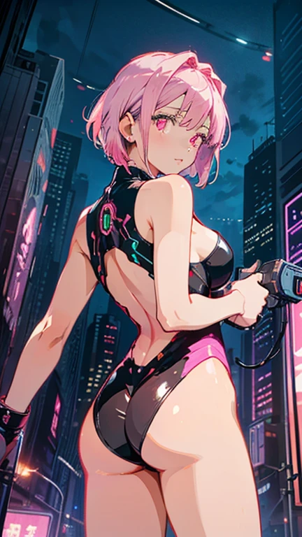 A pink haired woman with violet eyes with an hourglass figure in a cyberpunk outfit is posing on a rooftop in the city at night