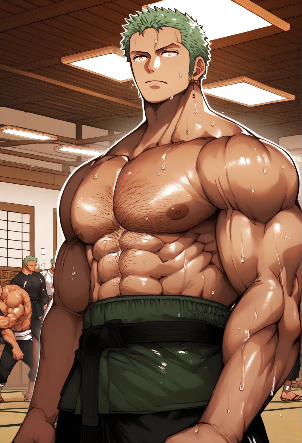 Handsome、Muscular、Macho、Thick chest、Thick legs、Completely naked、Big cock、Spiky Hair、all back、Berry Short、monkey、Beastman、Pointed Ears、Red eyes、Blonde、Thick arms、Body hair、smile、No bangs、Droopy eyes、Thick eyebrows、Scratch on nose、Big anly、gorilla、