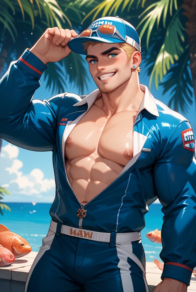 score_9, score_8_up, score_7_up, score_6_up, score_5_up, score_4_up, male focus, source_anime, bara, grimace, vector_art, (flat 2d:1.2), pirate, sea, shirtless, stubble, sleeveless blue jacket, closed_mouth