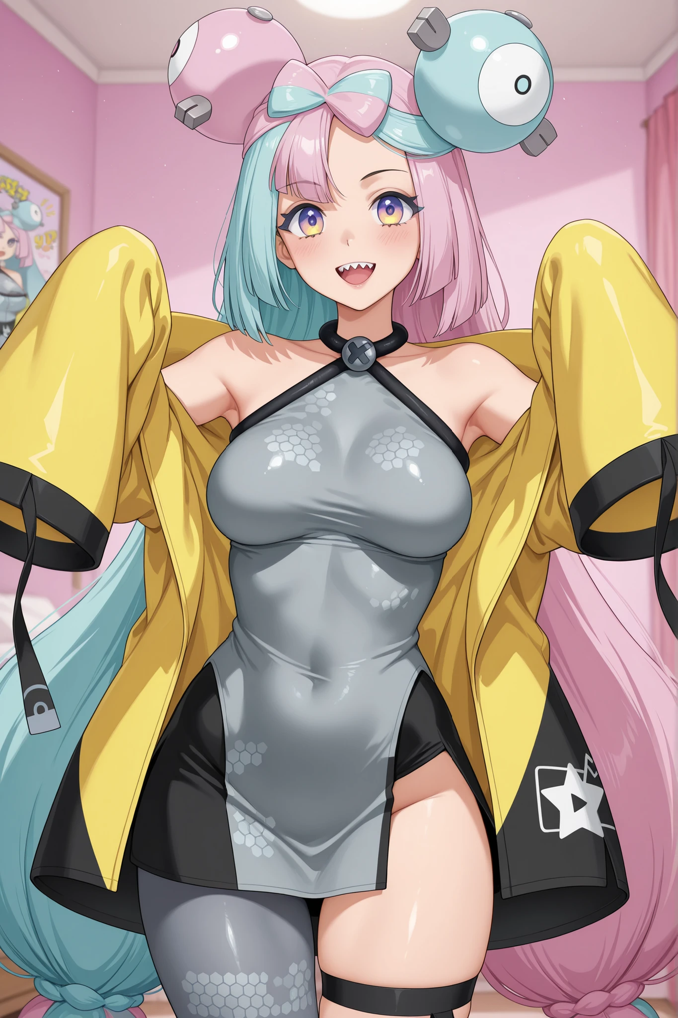 	Iono\(pokemon\),
long hair, smulticolored hair, bow-shaped hair, 
hair ornament,  
gradient eyes, sharp teeth, 
medium breasts, medium hips, slender,

	Iono\(pokemon\) outfit,
halterneck, sleeveless, grey dress, 
yellow jacket, very long sleeves, sleeves past wrists, 
tigh straps, bike short, short under dress,
single leg pantyhose, grey pantyhose, 

Bedroom, girly bedroom, looking at viewer, happy,
(
Standing, cowboy shot, front side view, bust focus, sexy pose, cute pose, arms up,
 )
high detail, masterpiece, best quality, best quality, Score_9, score_8_up, 4k, 8k, detailed face, source_anime, flatshading, (big round eyes), detailxl, IllusP0s, PonyScores,
1 girl, solo, female only, 
((beautiful anime girl, mature female, mature body, sexy, adult)), 