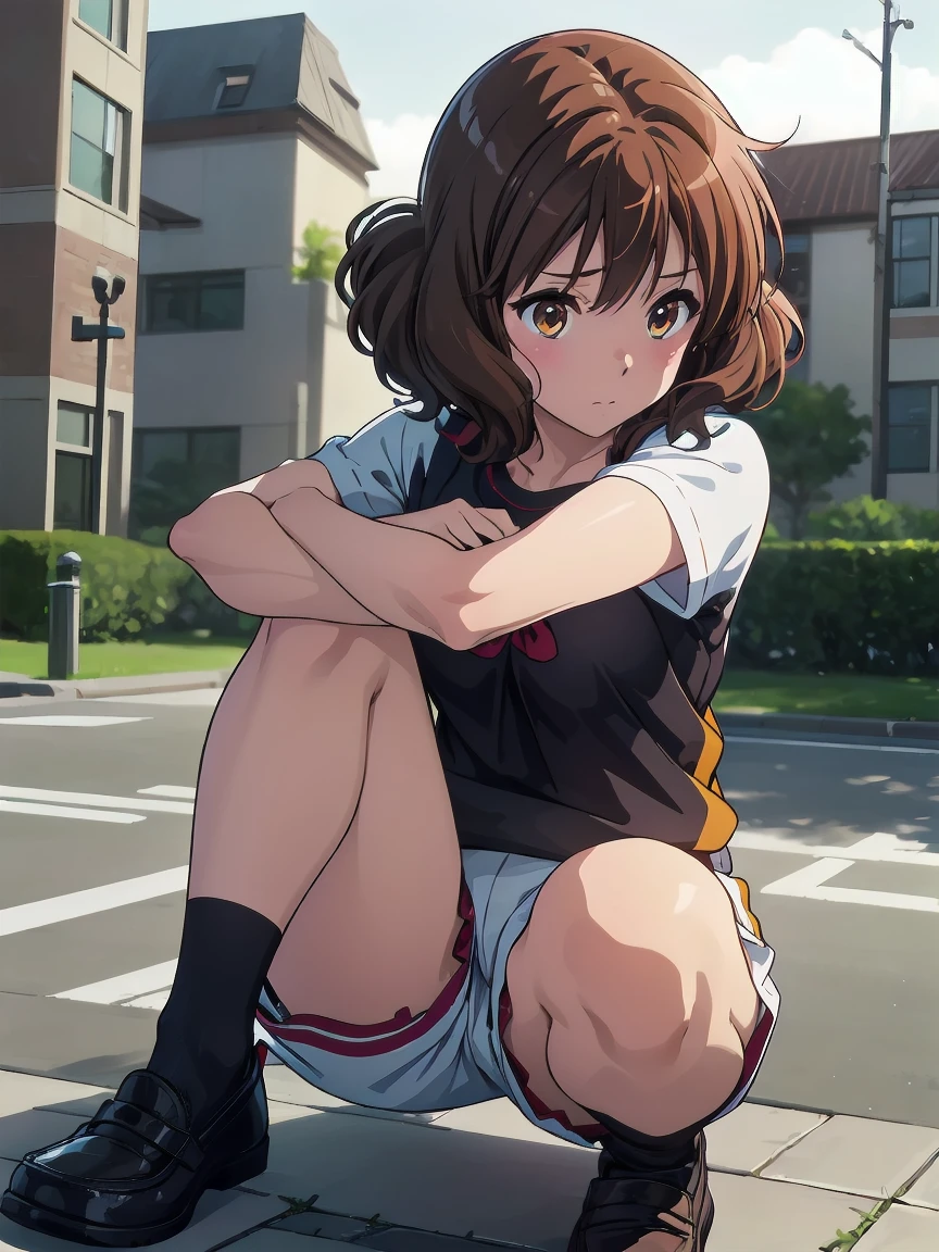 (Realistic, photo Realistic:1.2), ((Highest quality)), Shift the center of gravity backwards, Quite embarrassing, You_Kumiko_Sound Euphonium, brown_hair, short_hair, brown_eye, blush, Seraphim, 前hair, Bloomers, Gym suit, sports boots, (Sit on the ground:1.4), Place your heels on the ground, (Spread your legs:1.2), Squat with your knees raised, Attach your butt to the ground, black penny loafers, Beautiful facial details, Real human skin, Gentle expression, Front view, angle From below, Realistic, photoRealistic, Squatting in the schoolyard, whole body, (Looking at the audience:1.2), from before, From below,