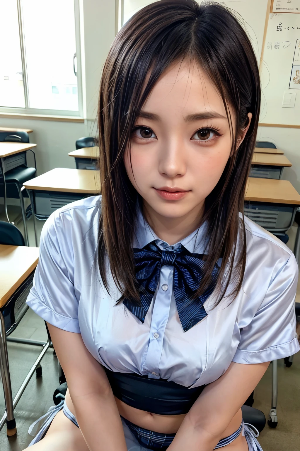 nsfw,((naked))、1 Girl, alone, Japanese girl, 14 years old,The background is the library、Many books棚、Many books、(Highest quality, Realistic, High resolution, 8K, Very detailed, Detailed face, Shiny skin), Japanese , Collared shirt, White shirt, Red ribbon, Black Hair, ragged bangs, ponytail,Gazing into the distance,Young face、Are thin、Slim figure、slender、Short、 System、((Lots of sweat))、Navy blue checked skirt、Nice thighs、Crouching,Shooting from behind、
