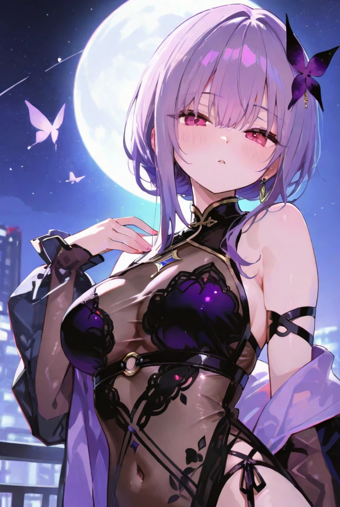 A young woman with silver hair and red eyes is wearing a gorgeously patterned courtesan outfit and is smoking purple smoke from a kiseru in front of a window illuminated by the pale moon.