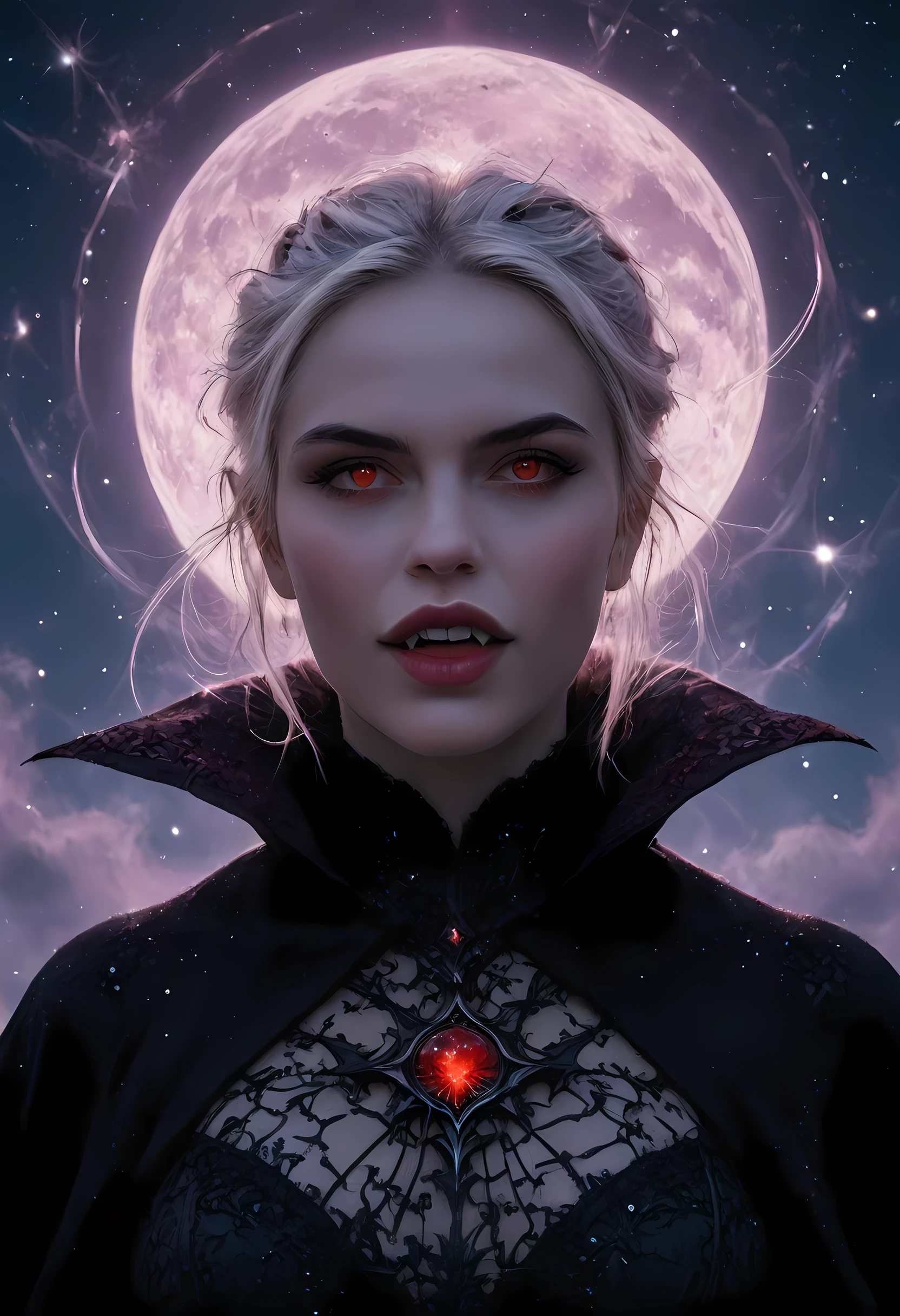 a portrait of a young female vampire gazing into the infinite stars in the night sky the stars are reflected in her eyes, a beautiful mature female vampire, dynamic hair color, dynamic skin complexion, wearing dynamic dress, looking into the stars, the stars are reflected in her red eyes, night sky, many, many shining stars, various colors stars,  vibrant, Ultra-high resolution, High Contrast, (masterpiece), highest quality, Best aesthetics), best details, best quality, highres, 16k, [ultra detailed], masterpiece, best quality, (extremely detailed), glowing,ember, fantasy, fflix_ufantasy, vampire, fangs