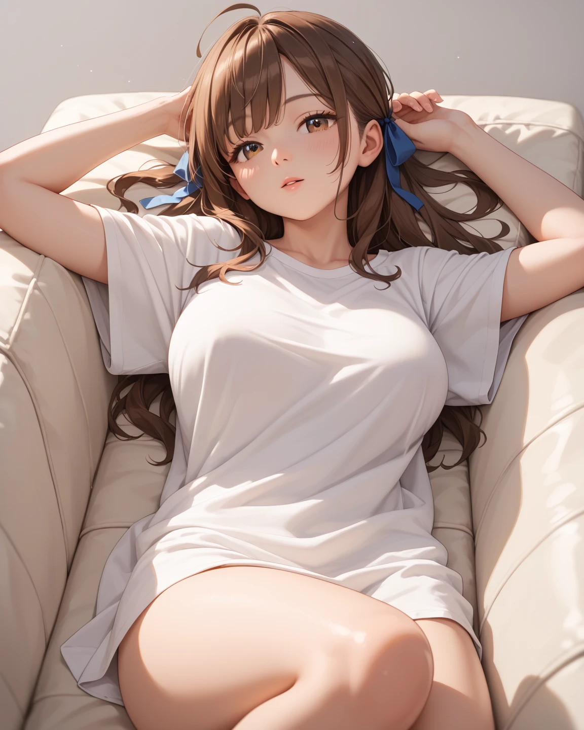 ((1 girl)), ((highest quality)), (super detailed), (very detailed CG 統合 8k 壁紙), very detailed, High resolution raw color photos, professional photography, (twin tails), brown hair, wonderful face and eyes, pink eyes, (amazingly beautiful girl), drop shoulder hoodie, street、overall style、 ((On the hill in another world)), ((perfect relaxing space、Lying on the sofa)),eyes closed、