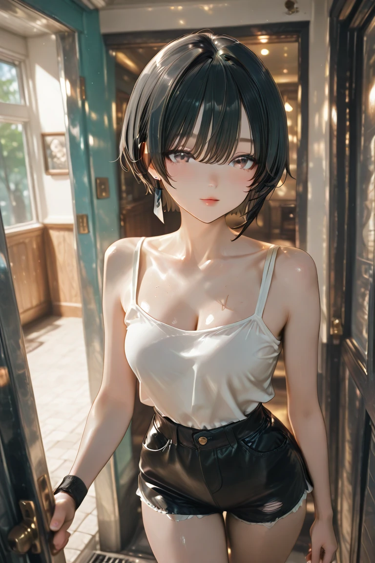 Optimal,masterpiece,High resolution,highest quality,hyper hd,Super detailed,award-winning,16k,alone,(cowboy shot)、cute face,,black hair、bob cut、 hair line,((scarlet eyes)),long eyelashes,drooping corners of the eyes,Are standing、open your legs、thin legs、white skin,((shoot from the front)), ((See-through camisole:1.5)), ((transparent nipples))、rocket , ((big breasts:1.5)),