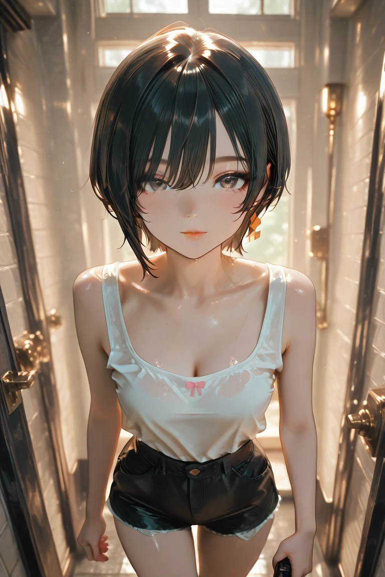 masterpiece,Highest quality,Dark picture, eerie, about 8 years old, backlit, too dark to see details, horor, wearing a simple white dress but backlit to appear black, bob cut.