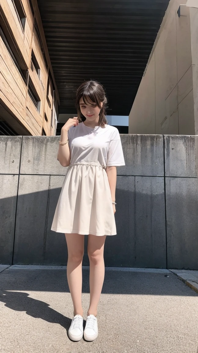Highly detailed CG Unity 8K wallpaper, highest quality, Super detailed, masterpiece, realistic, photo realistic, Full body shot from a distance、1 girl、Highly detailed cute 14 year old, (((Try it yourself Skirt lift))), (lift it yourself), camel toe、 natural makeup、blush, parted lips, looking at the viewer , naked pussy line、pastel printed t-shirt、pastel frill skirt、Japan、city、black short hair ,slim legs、white skin、((young junior high school student))