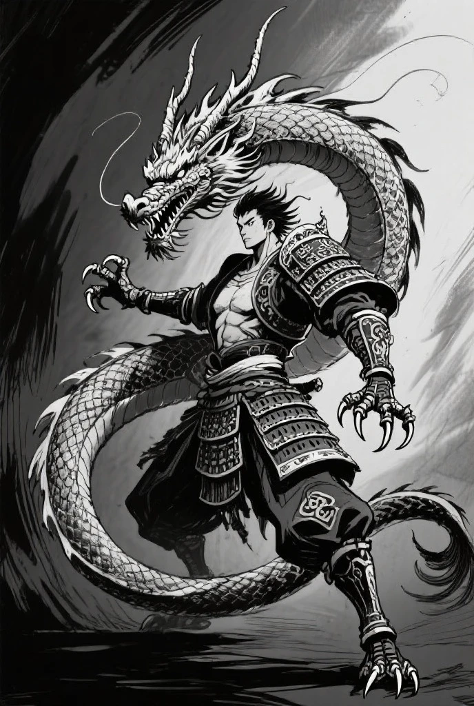 a fierce battle between the japanese god bishamonten, dramatic ink wash painting in the style of hokusai, intense shadows, powerful and dynamic composition, 1 figure, dynamic pose, muscular build, detailed armor, epic scale, cinematic lighting, deep contrast, moody atmosphere, traditional japanese art, dramatic focal point, harmonious color palette, dramatic chiaroscuro, masterful brushwork, flowing cloth, 8k, ultra-realistic, hyperdetailed, photorealistic