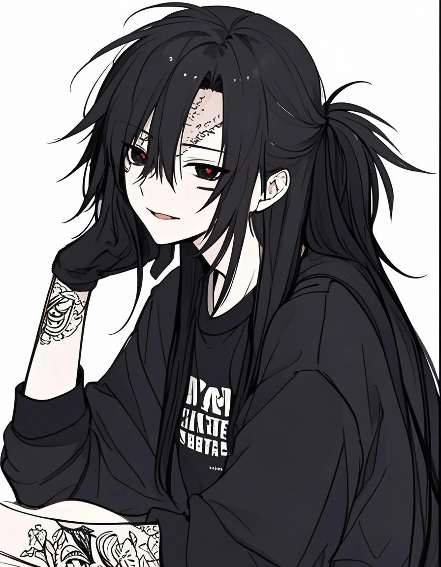 1 guy, blue eyes, black hair, wears glasses, a lot of scars on his face, long hair disheveled, male build, looks at the viewer, angry face, rage, smoke, dressed in a black T-shirt, chains on his hands, black pants, black background, blood on clothes, blood on cheek, shadowed face, detailed, beautiful, delicate tones