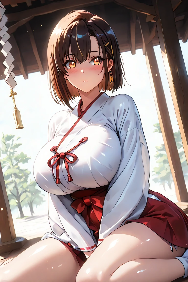 Anime illustration、Youth Manga Style、High resolution、Fantasy、Close-up of a person、A voluptuous shrine maiden greets visitors with a smile at a shrine where a refreshing breeze blows.、Perfect proportions、Cowboy Shot、Huge 
