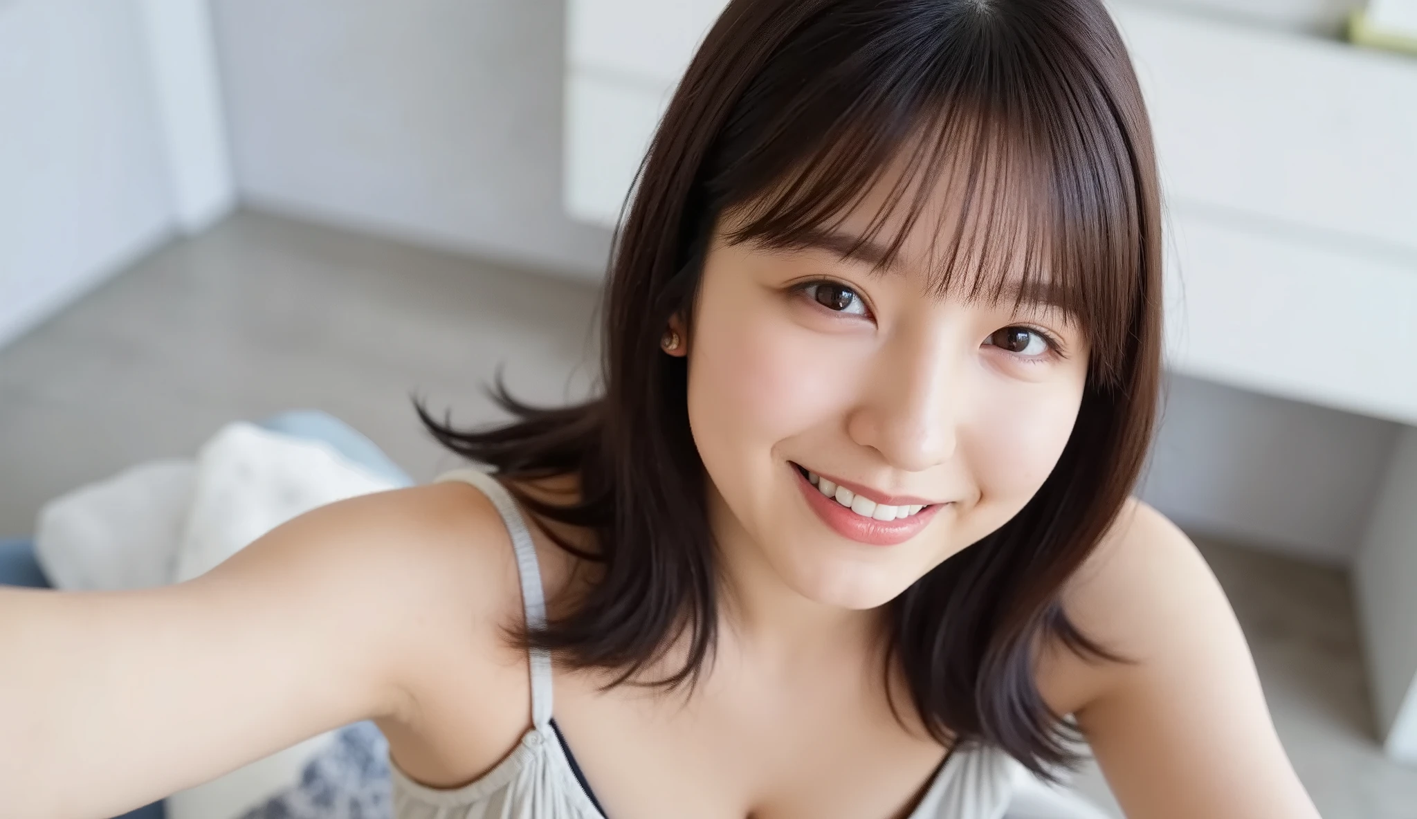 1 girl, 20 years old, young girl, Japanese girl, dark brown long hair, (I'm wearing a tank top with thin straps, plated miniskirt), Open button, button, Photo selfie, close-up, Natural Breasts, skinny, Chest.
