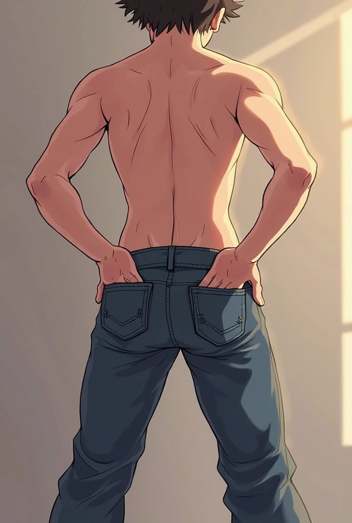 Highest quality、Realistic、zoom、male、cute、Grey Eyes、Light brown hair、short hair、Upper body naked、Light blue briefs、thin、smile、Bedroom、Cowboy Shot、Swollen hips、Back view
