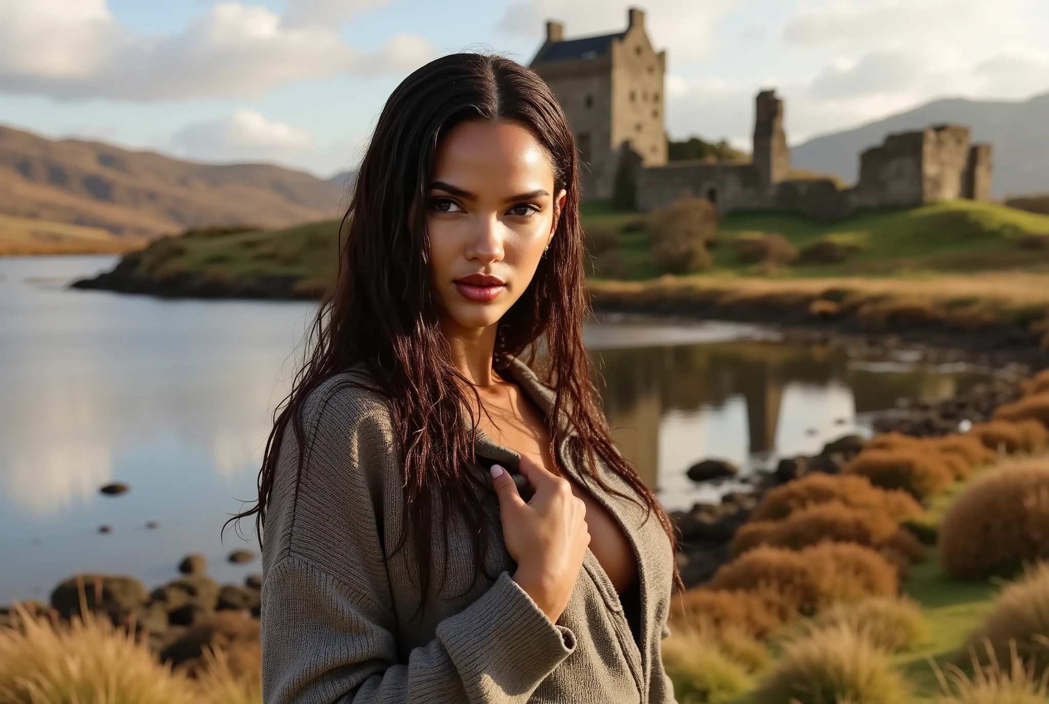 Foreground: a gorgeous brazilian woman, 3, wet dark wavy hair in the wind. she's a men magazine model, She has a subtle smile and flirts with the camera, (she wears casual shirt with a long wool sweater and latex leggings:1.2),background landscape of Scotland Loch and Scottish castle ruins, (in sunset light:1.2), perfect eyes, perfect hands, perfect body, perfect hair, perfect breast, hair behind ear, UHD, retina, masterpiece, accurate, anatomically correct, textured skin, super detail, high details, high quality, award winning, best quality, highres, 16k, 8k,