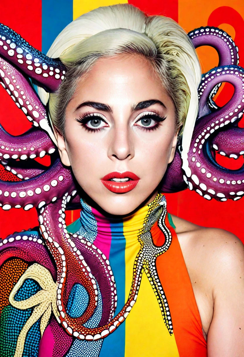 lady gaga mistique Xmen, 4K texture, long hair, high quality, extravagant hairstyle, original album cover, 8k image, futuristic, high image quality, at night, hair accessories, very realistic and defined face, yellow hair