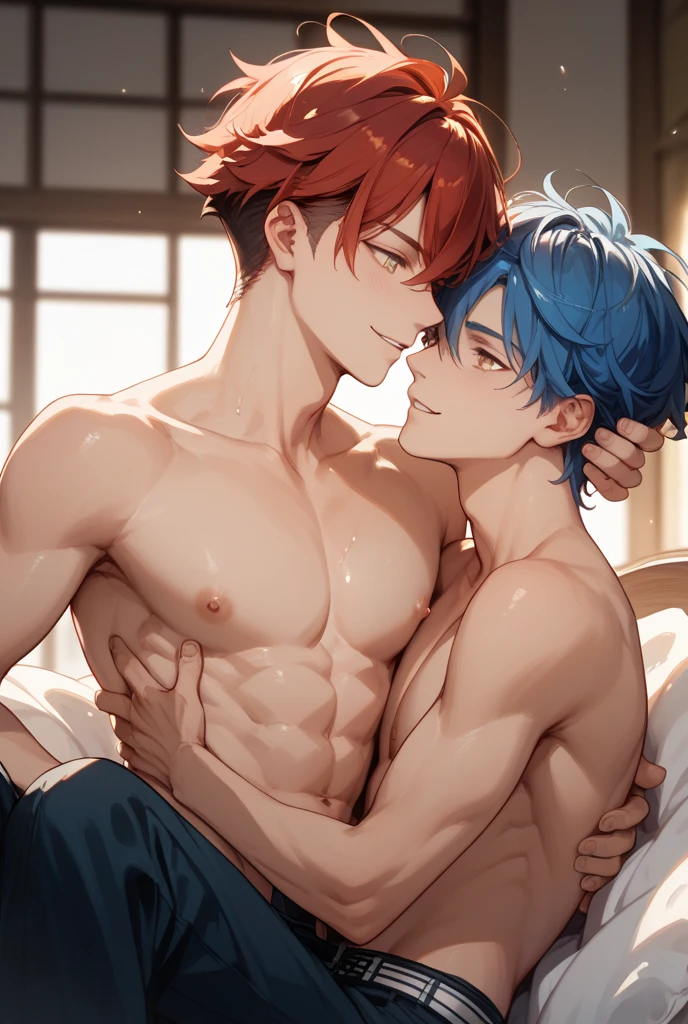 super fine illustrations,1 boy,A little boy 150 cm tall，silber hair,red color eyes,White skin,Heart to eye,Ponytail hairstyle，perspired,Shirtless,Lewd expression,Sexy,Gay,pleasant sensation,vehement,Femininity，（Wear only briefs），There is a milky white liquid on the body，There are pronounced male genitalia，Homosexuality，The erection，Be red in the face，big breasts exposed cleavage，Drooling over male genital details，drenched all over the body，Precise legs，（Conspicuous male genitalia），Animate,Full body like，